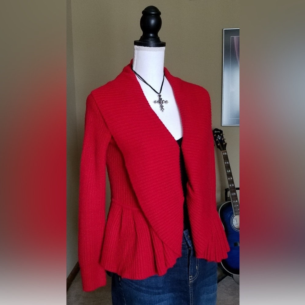 Red Ruffle Trim Front Closure Cardigan Like NEW - Picture 3 of 14